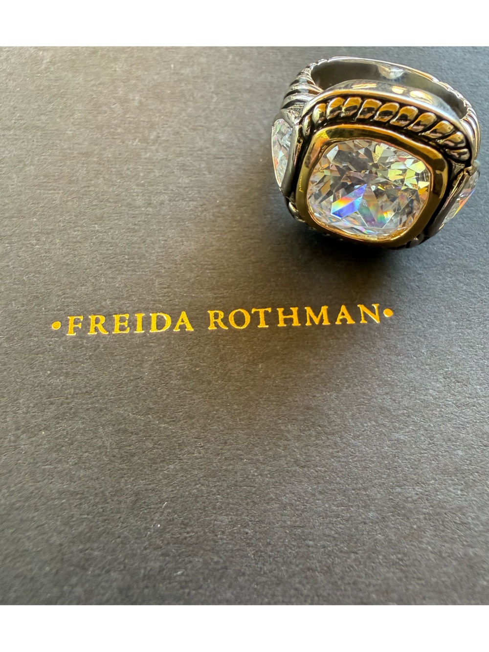 New in Box Freida Rothman Large 3-Stone Statement Ring Size 8